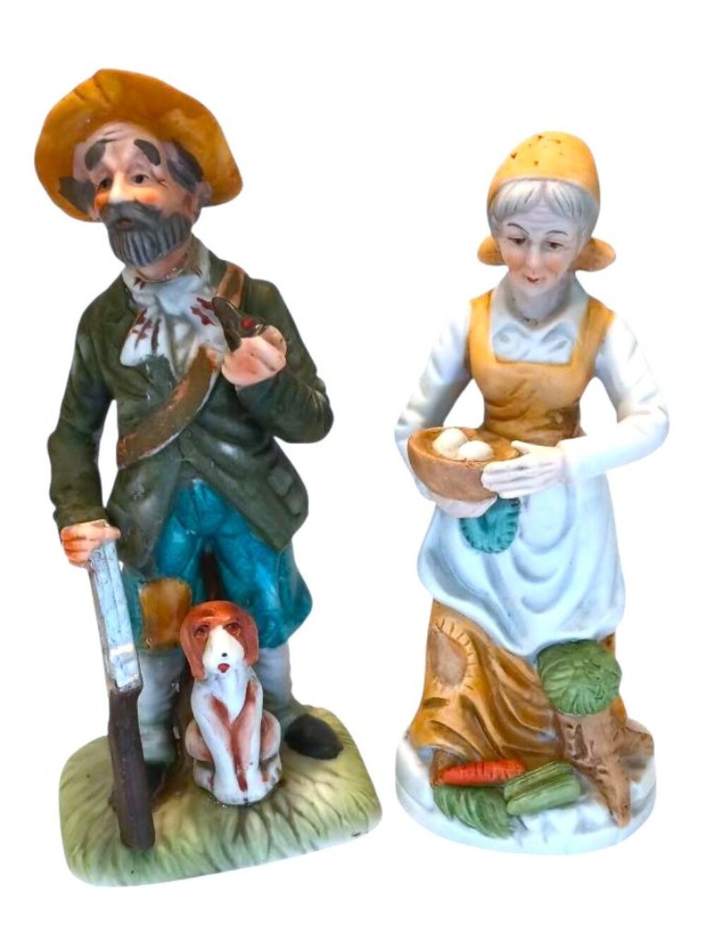 RARE Vintage Homco 1417 2 Porcelain Figurines Hunter W Dog Rifle Wife W Eggs